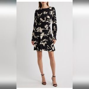 Quiz Long Sleeve Floral Black and Cream Mini Dress